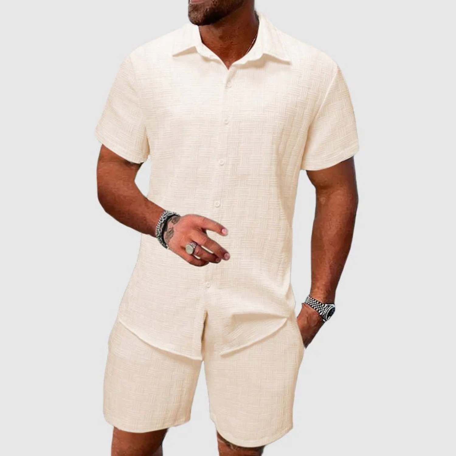 Men's Premium Textured Short Sleeve Two-Piece Set