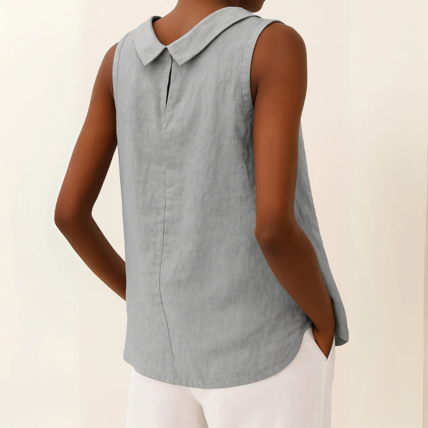Women's Sleeveless Linen Top with Folded Collar
