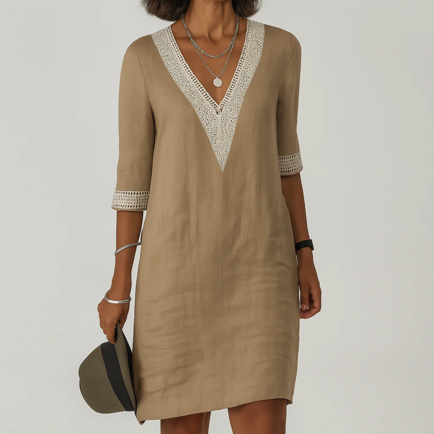Women's Boho Linen V-Neck Shift Dress