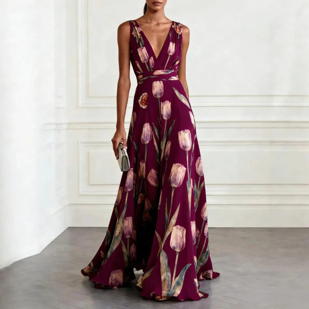 Women's Elegant Floral Print V-Neck Maxi Dress