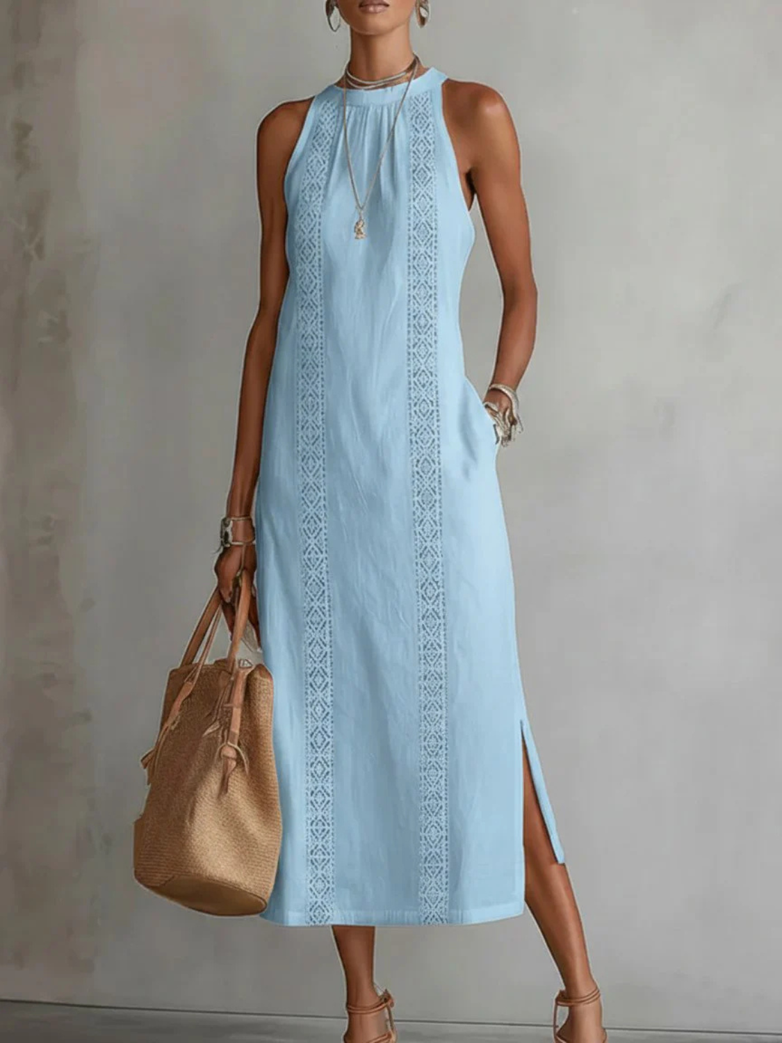 Women's Elegant Sleeveless Lace Trim Maxi Dress