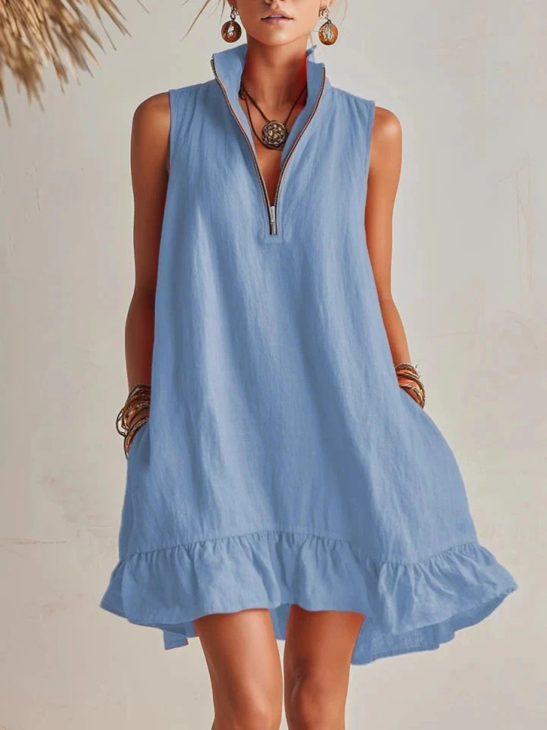Women's Summer Sleeveless Zip Neck Mini Dress