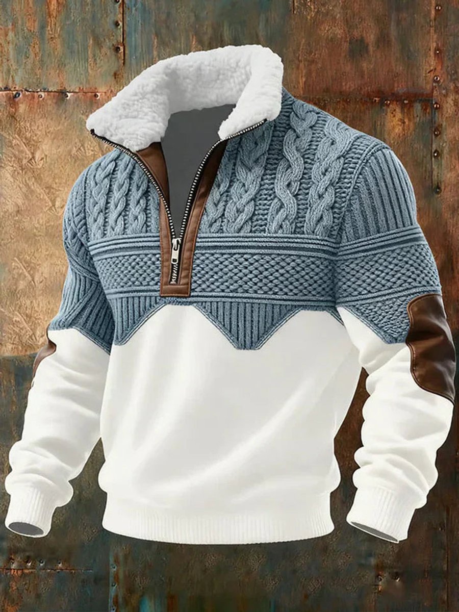Men's Cable Knit Sweater Half-Zip Fleece Collar Colorblock Pullover