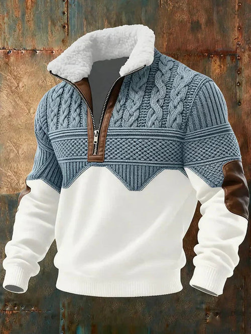 Men's Cable Knit Sweater Half-Zip Fleece Collar Colorblock Pullover