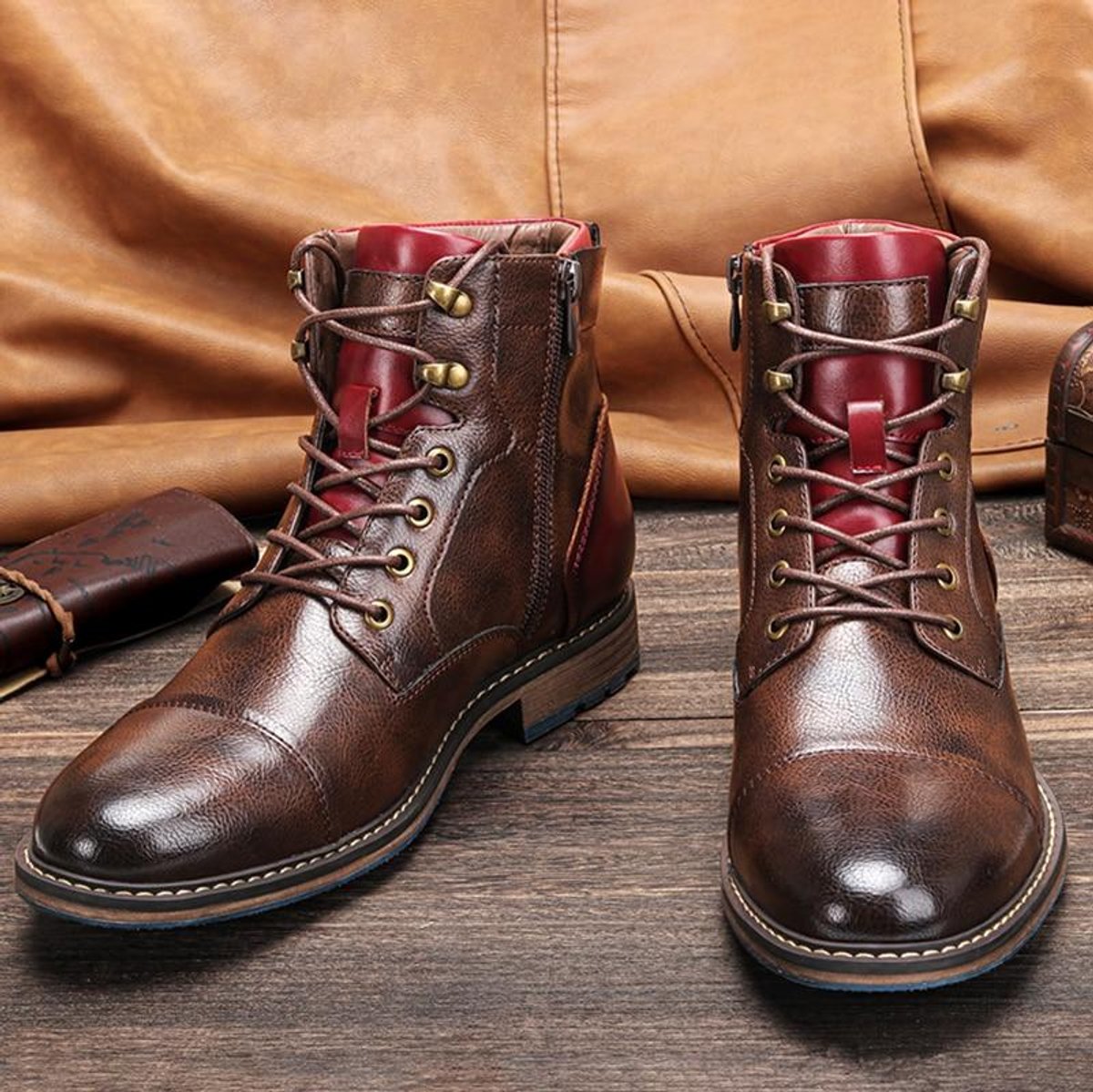 Men's Lace-Up Oxford Leather Ankle Boots Side Zip