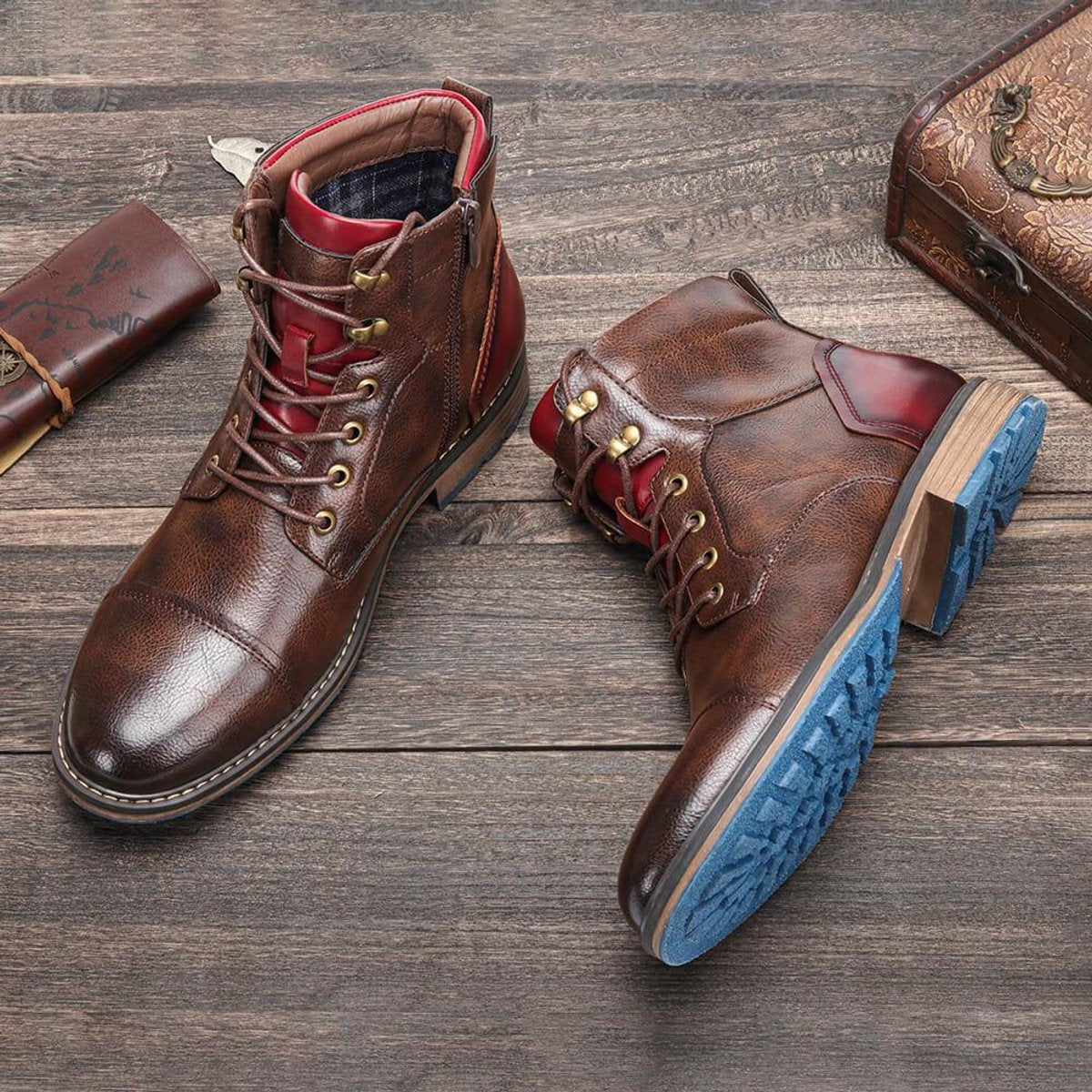 Men's Lace-Up Oxford Leather Ankle Boots Side Zip