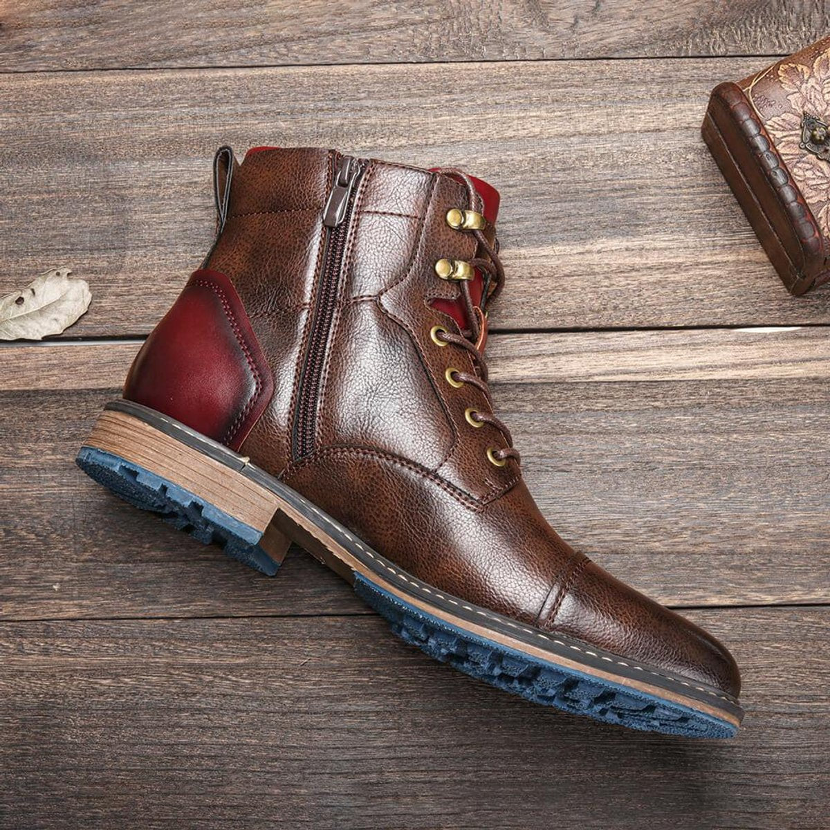Men's Lace-Up Oxford Leather Ankle Boots Side Zip