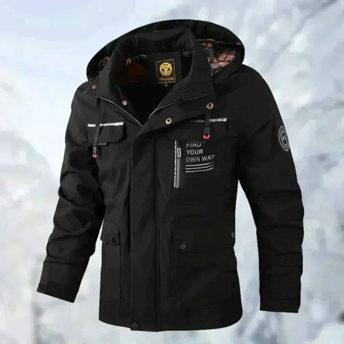 Mens Quilted Jacket Waterproof Hooded Windproof Outdoor Coat - Black