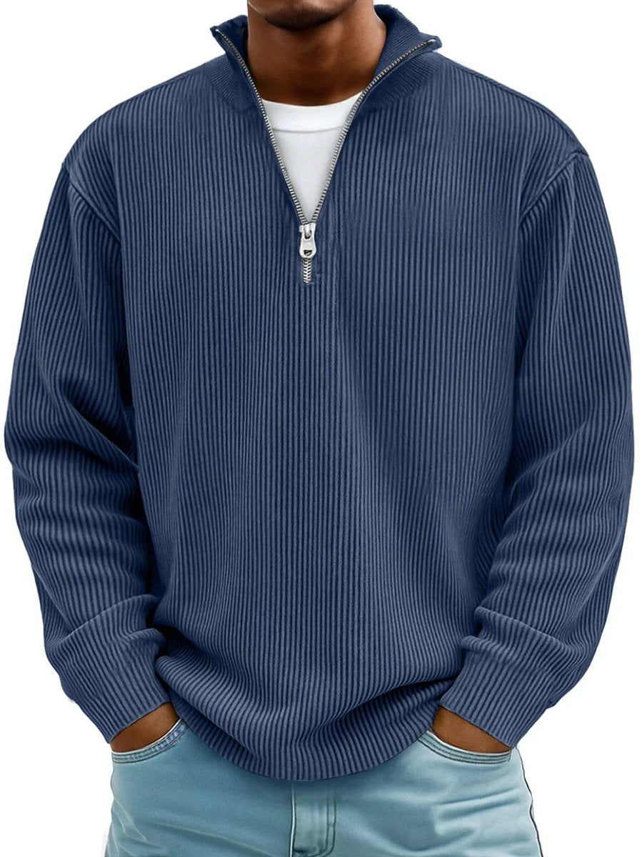 Men's Ribbed Knit Sweater Quarter-Zip Pullover - Navy Blue