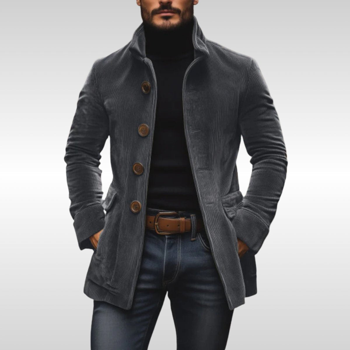 Men's Slim-Fit Corduroy Wool Coat Stand-Collar Button-Front Jacket - Gray