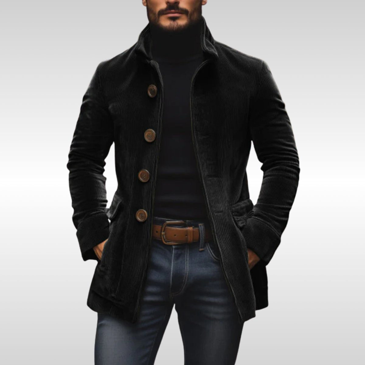 Men's Slim-Fit Corduroy Wool Coat Stand-Collar Button-Front Jacket - Black