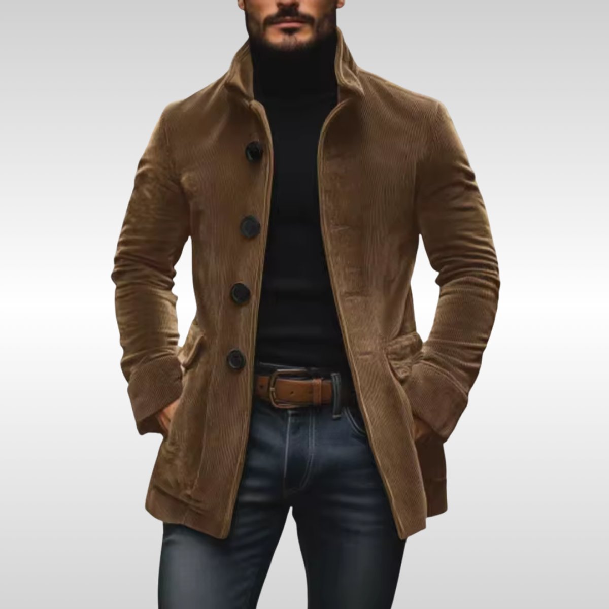 Men's Slim-Fit Corduroy Wool Coat Stand-Collar Button-Front Jacket - Light Brown
