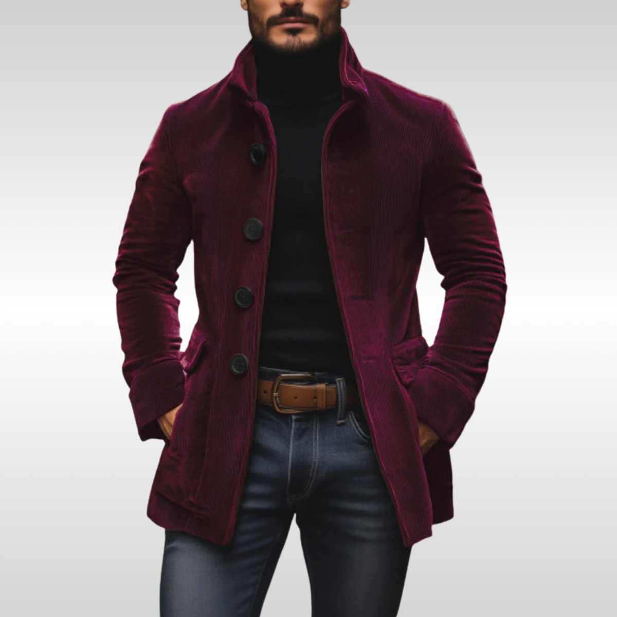 Men's Slim-Fit Corduroy Wool Coat Stand-Collar Button-Front Jacket - Burgundy