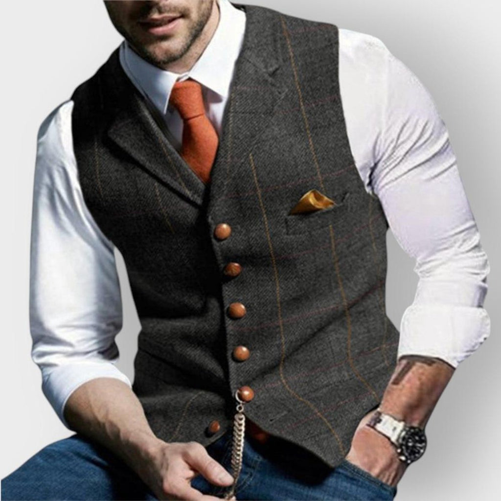 Men's Slim-Fit Plaid Tweed Mens Gilet Button-Front Vest - Dark Gray