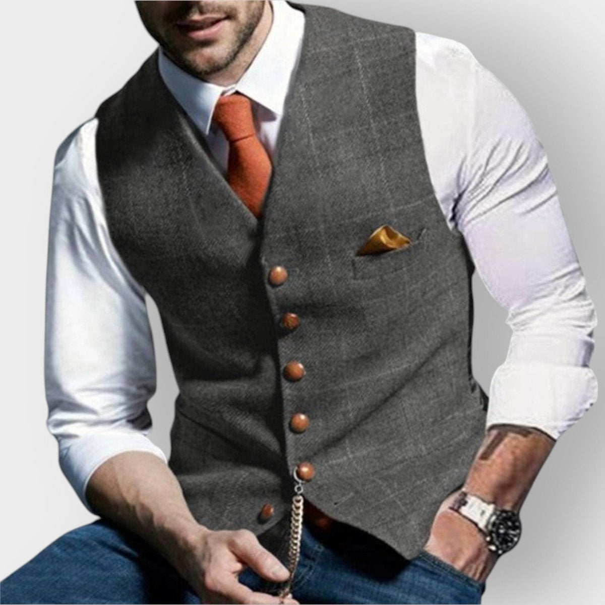 Men's Slim-Fit Plaid Tweed Mens Gilet Button-Front Vest - Light Gray