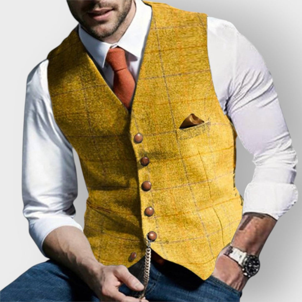 Men's Slim-Fit Plaid Tweed Mens Gilet Button-Front Vest - Yellow