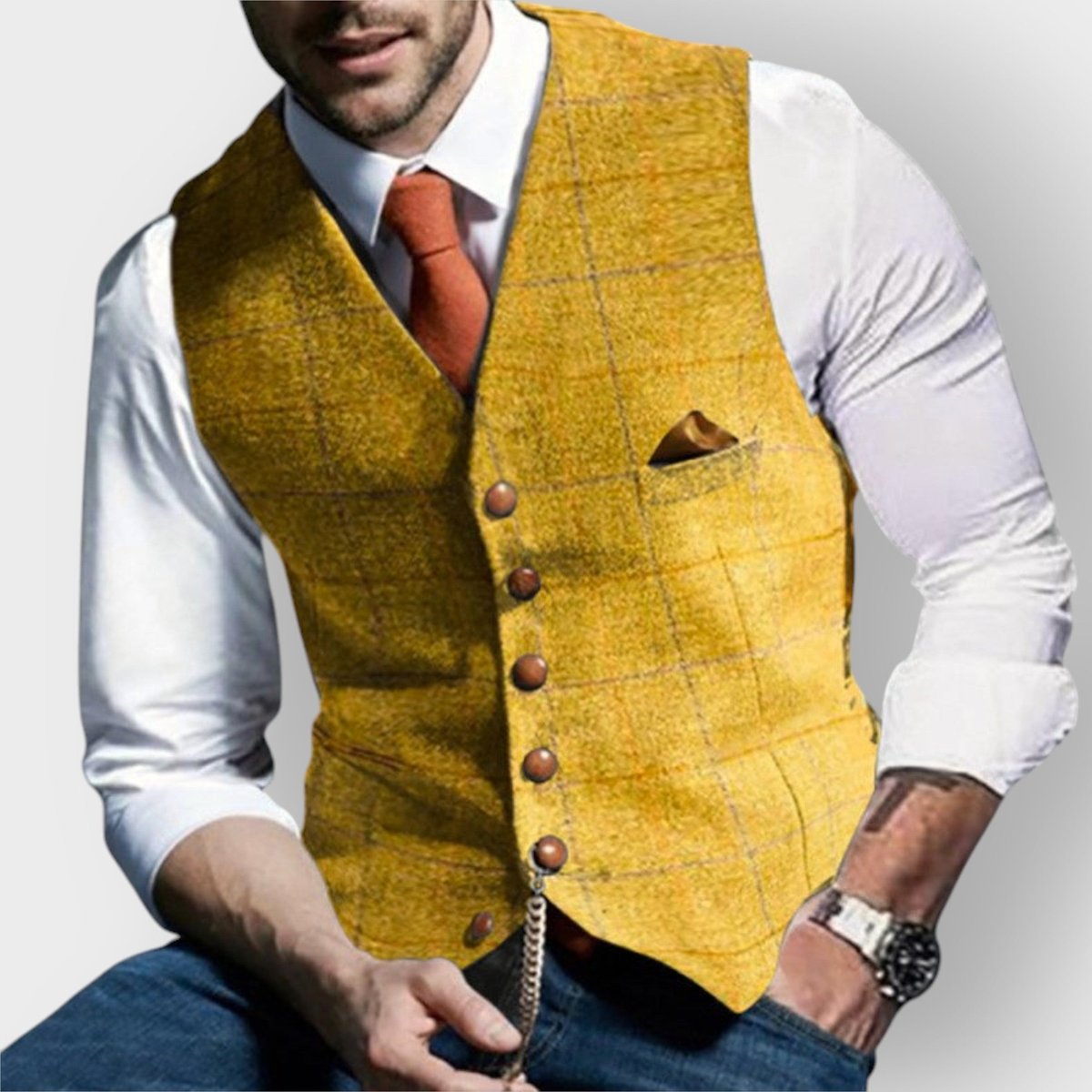 Men's Slim-Fit Plaid Tweed Mens Gilet Button-Front Vest - Yellow