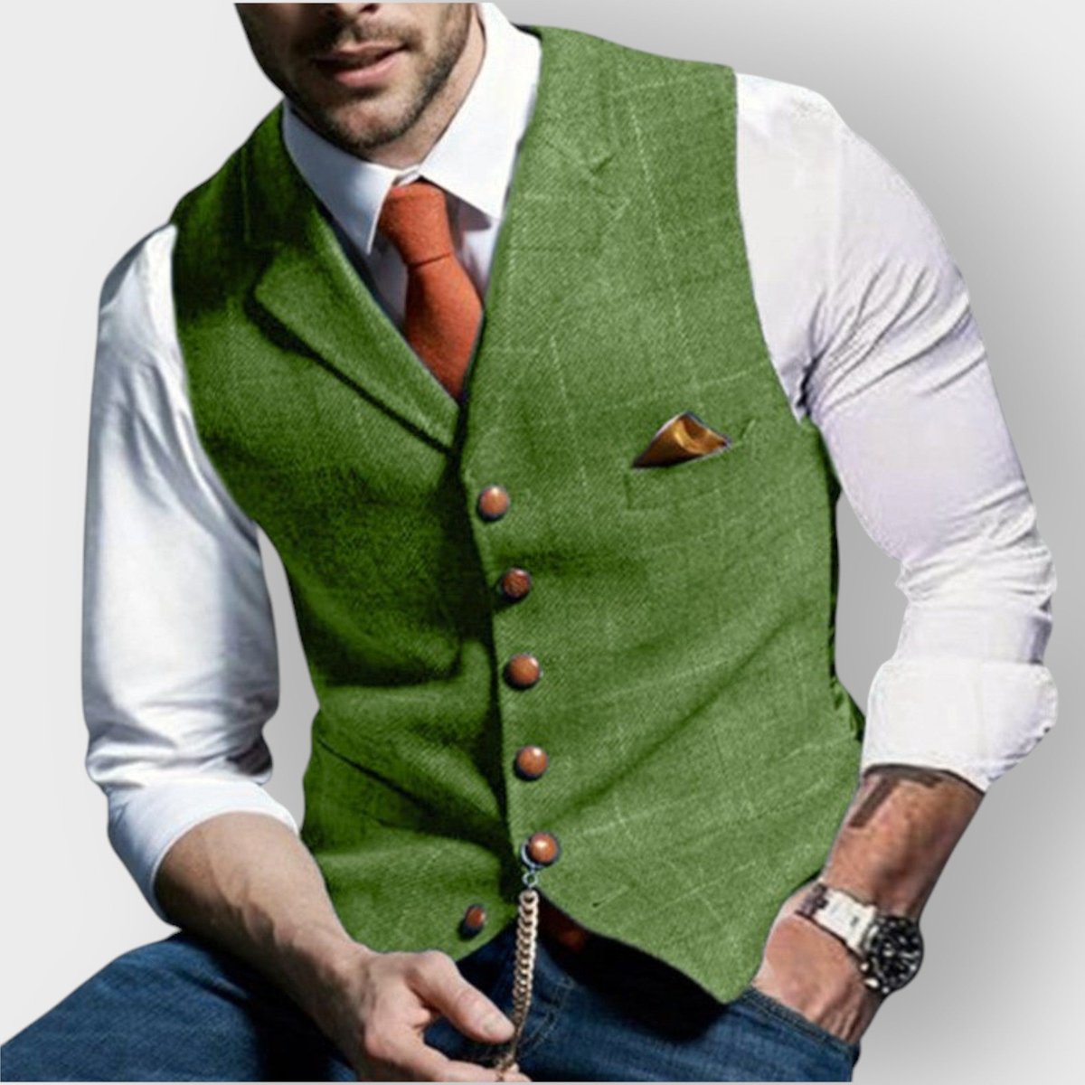Men's Slim-Fit Plaid Tweed Mens Gilet Button-Front Vest - Green
