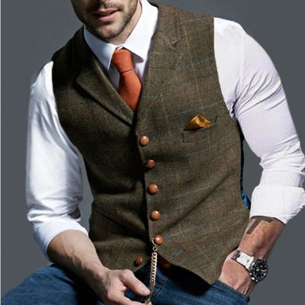 Men's Slim-Fit Plaid Tweed Mens Gilet Button-Front Vest - Brown