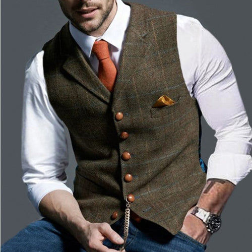 Men's Slim-Fit Plaid Tweed Mens Gilet Button-Front Vest - Brown