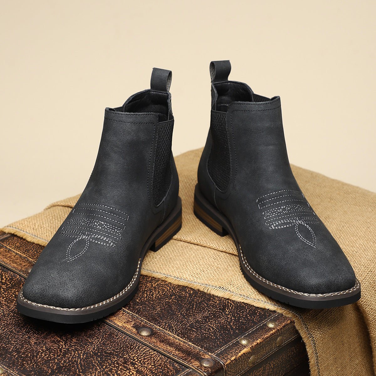 Men's Slip-On Chelsea Boots Square-Toe Western-Stitch - Midnight