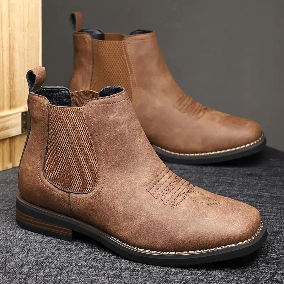 Men's Slip-On Chelsea Boots Square-Toe Western-Stitch