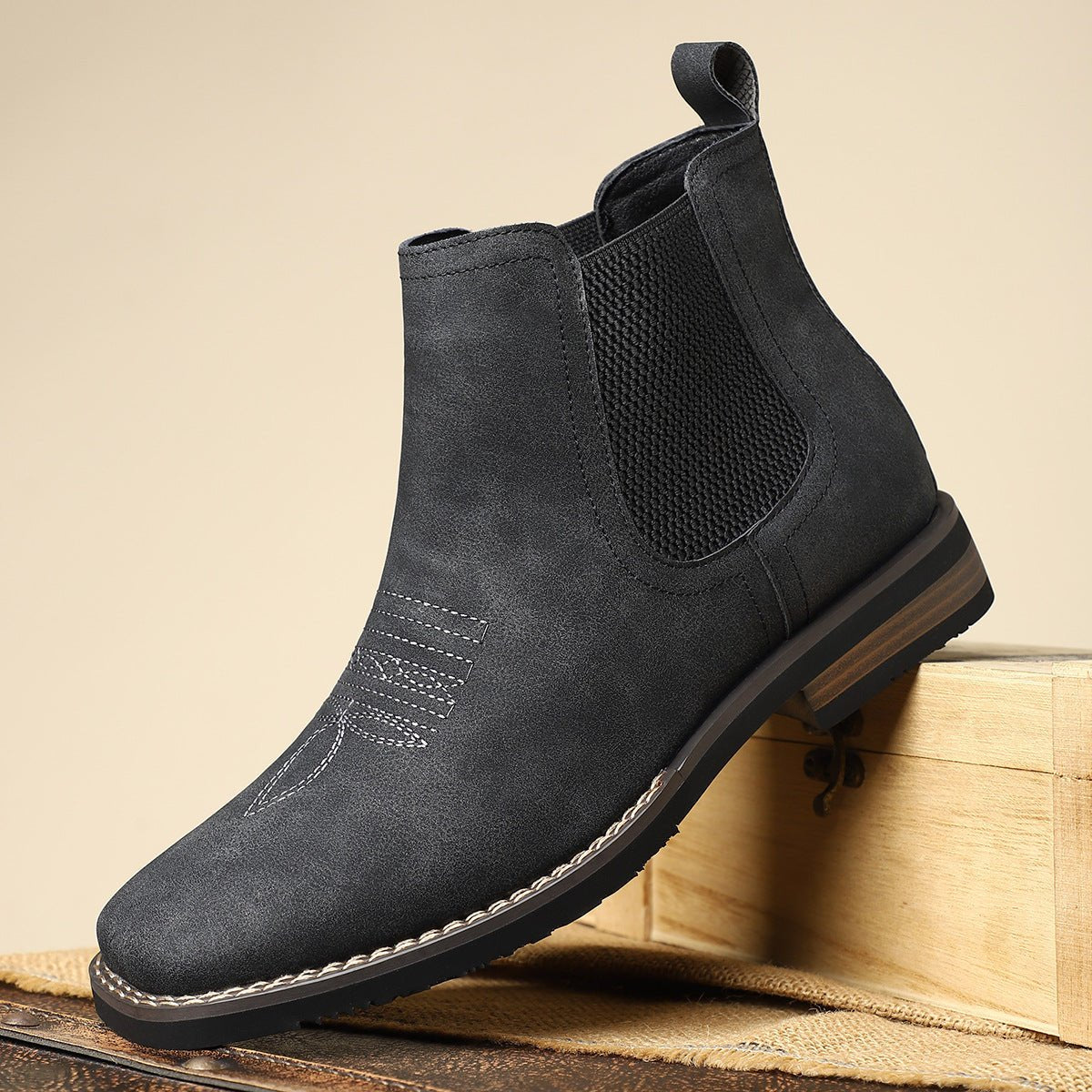 Men's Slip-On Chelsea Boots Square-Toe Western-Stitch