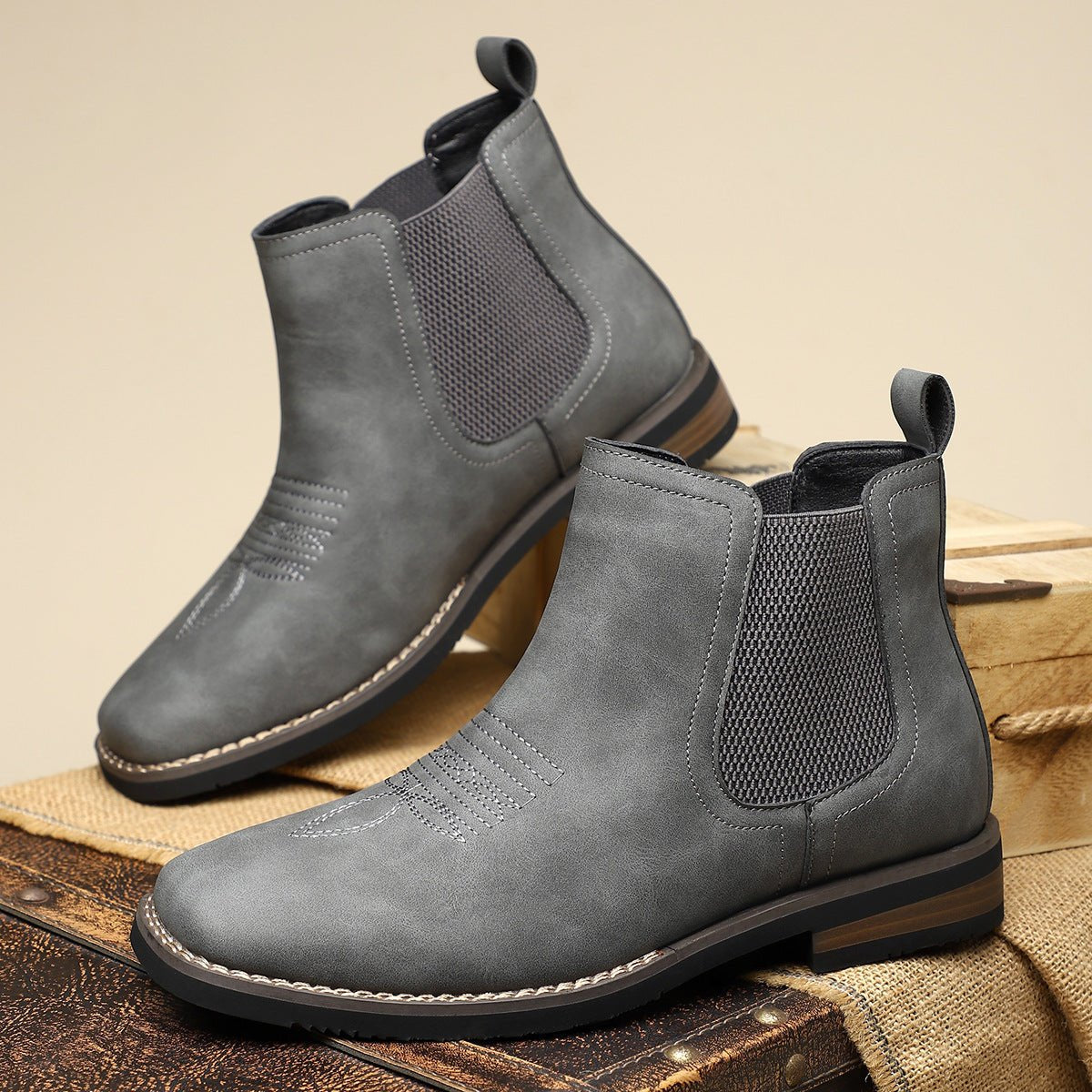 Men's Slip-On Chelsea Boots Square-Toe Western-Stitch - Charcoal