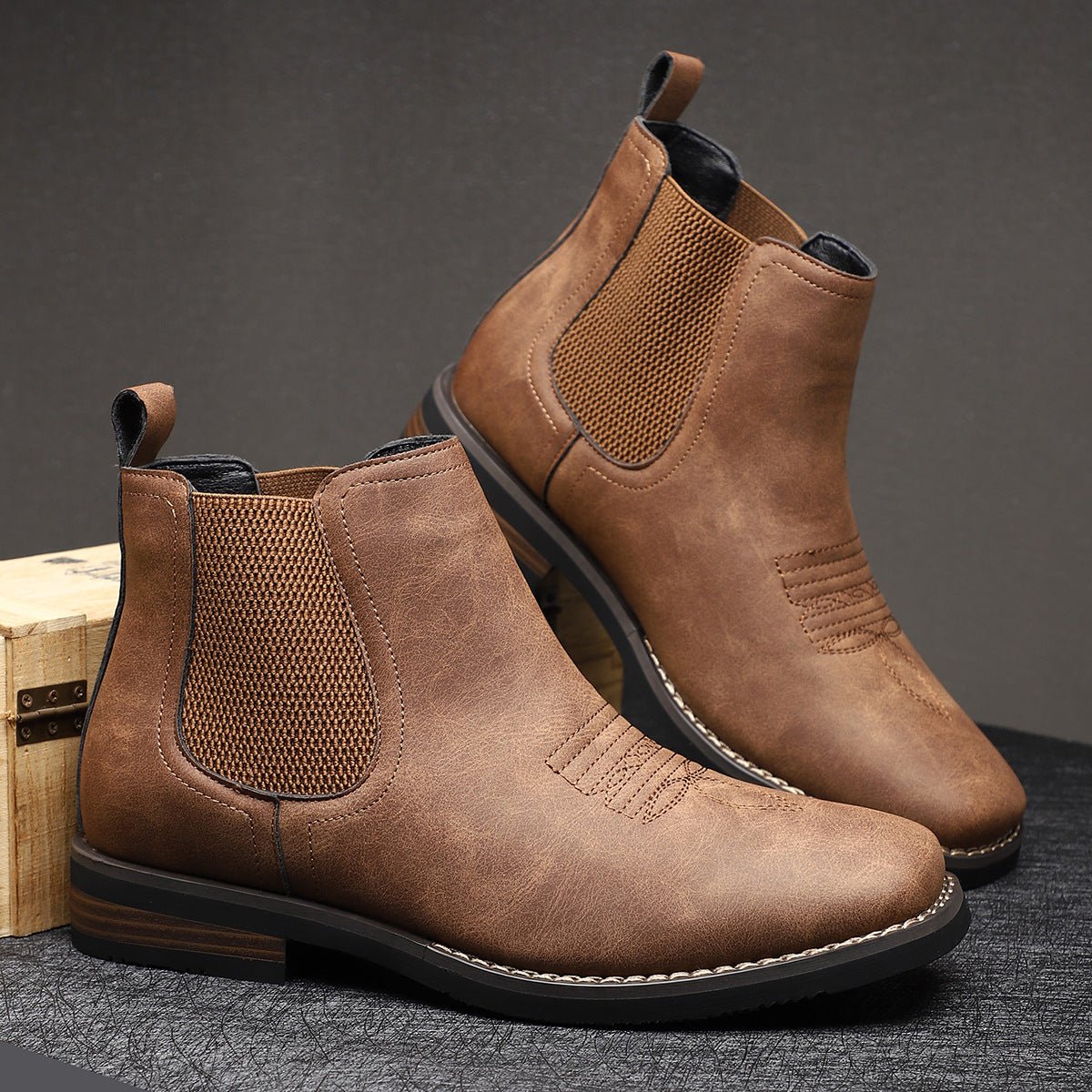 Men's Slip-On Chelsea Boots Square-Toe Western-Stitch - Chestnut Brown