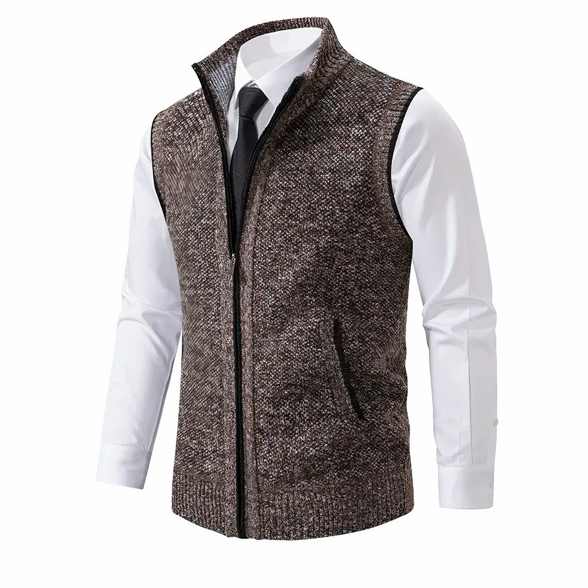 Men's Zip-Up Sleeveless Knit Cardigan Sweater Vest - Brown