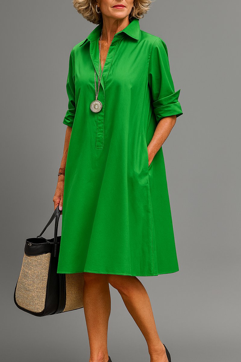Women's A-Line Collared Midi Cocktail Dress Swing Silhouette - Green
