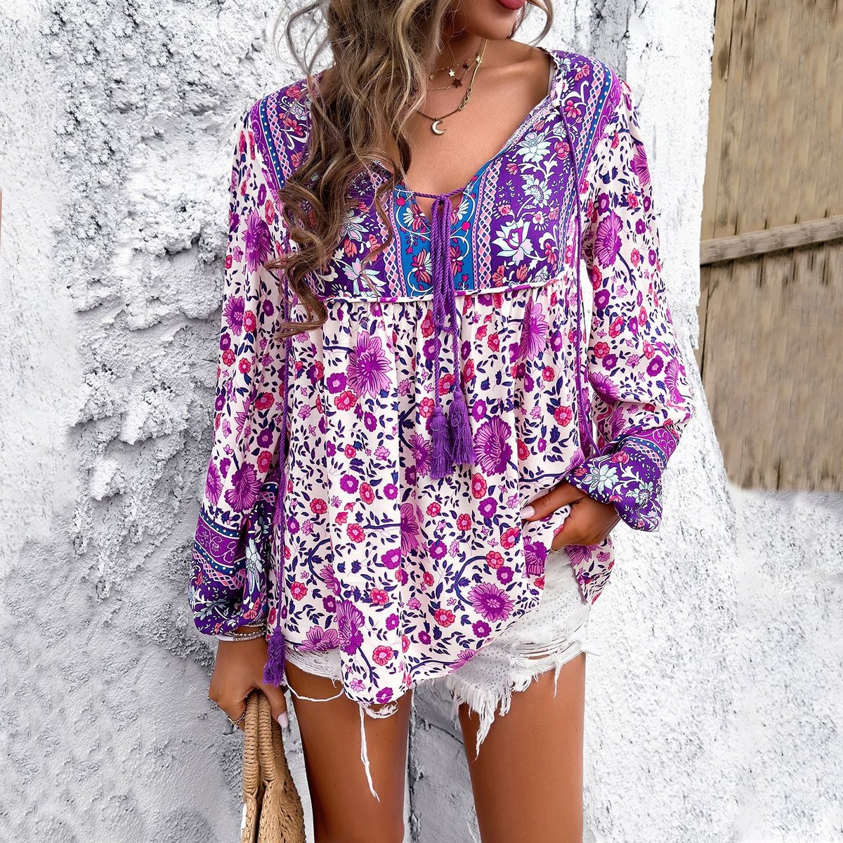 Women's Boho Floral V-Neck Tassel Drawstring Tunic Top - Purple