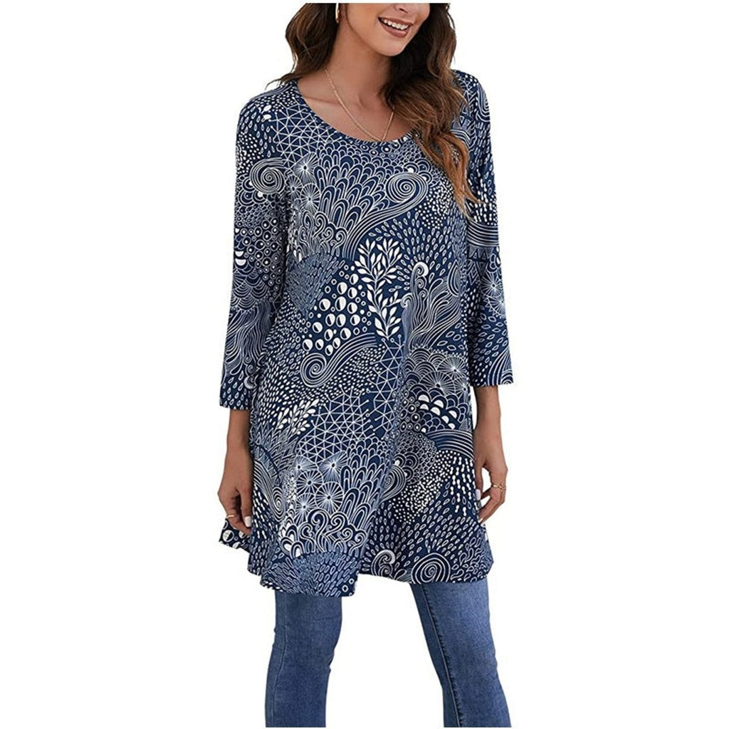 Women's Boho Mandala-Print 3/4 Sleeve Swing Tunic - A12