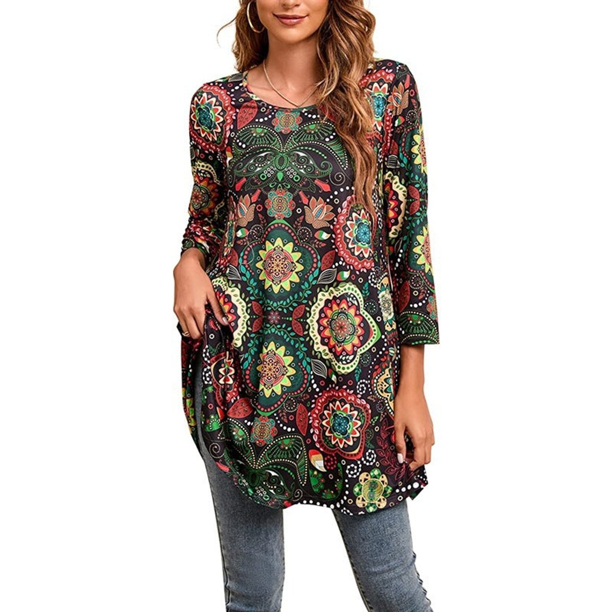 Women's Boho Mandala-Print 3/4 Sleeve Swing Tunic - A16