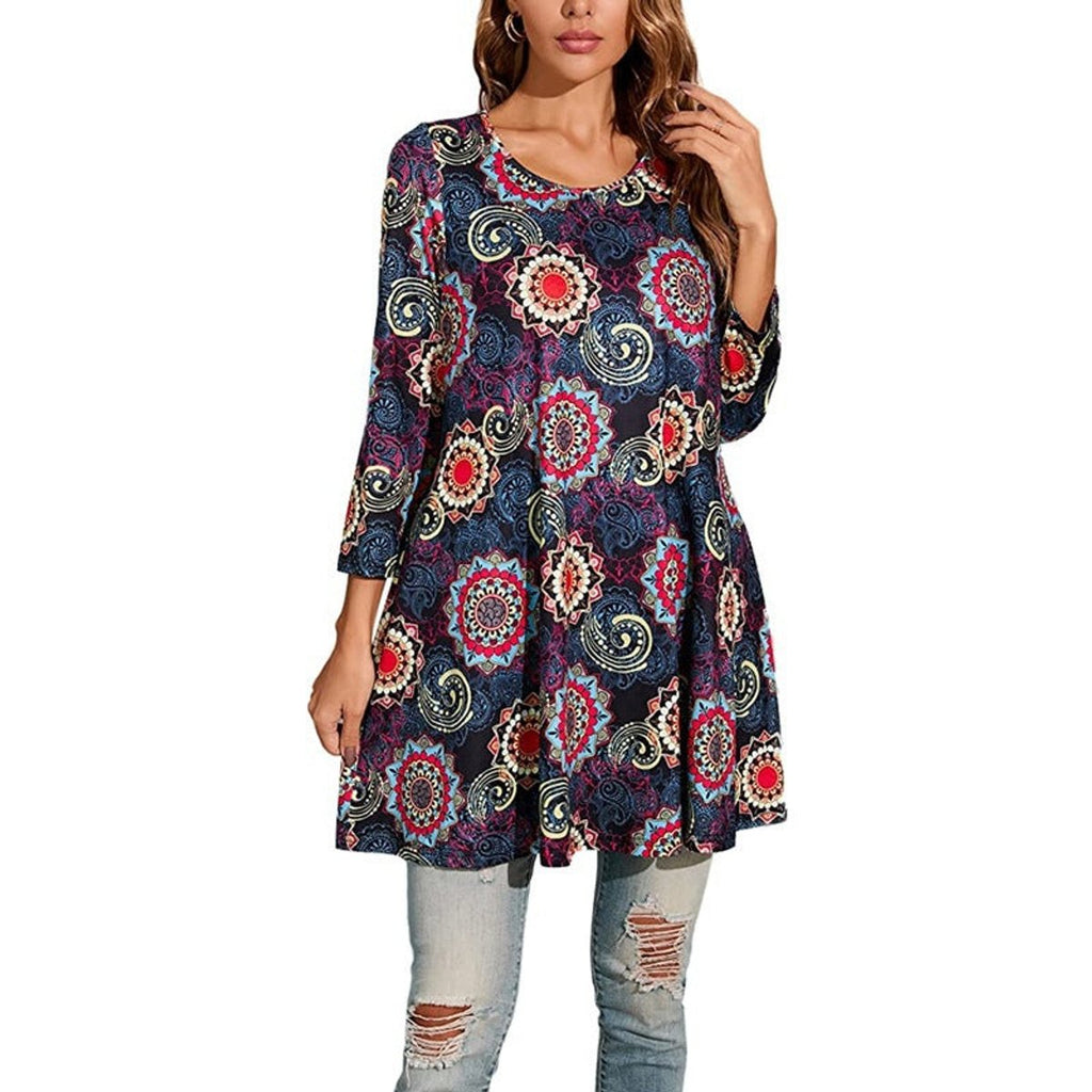 Women's Boho Mandala-Print 3/4 Sleeve Swing Tunic - Gray