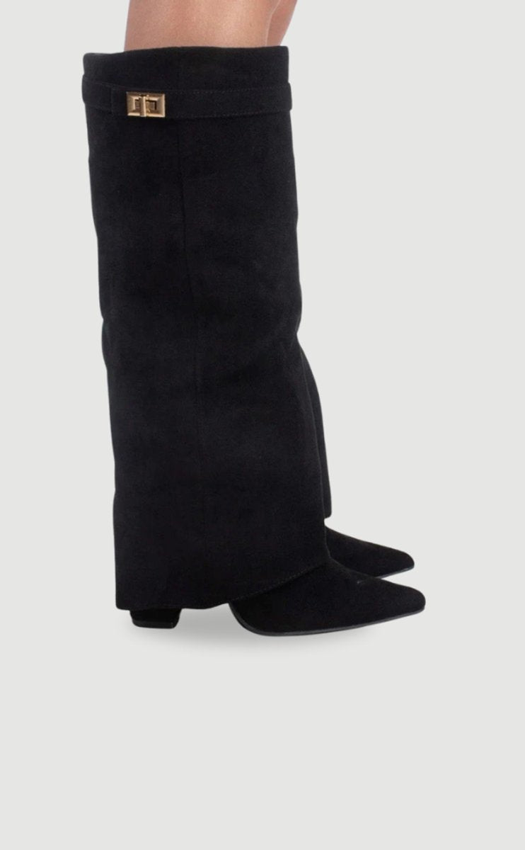 Women's Boots Black Suede Fold-Over Gold Clasp Knee-High