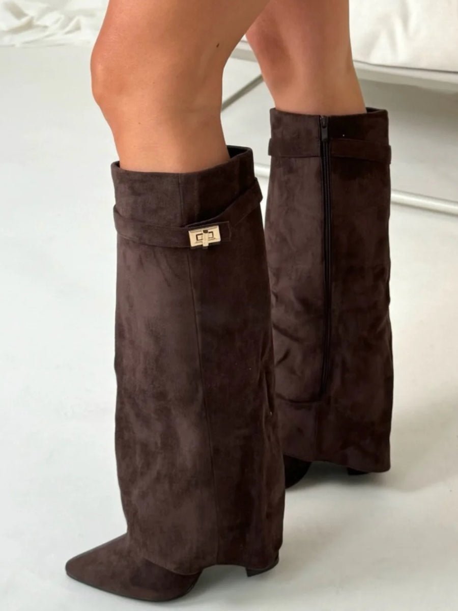 Women's Boots Black Suede Fold-Over Gold Clasp Knee-High - Dark Brown