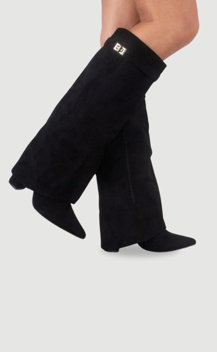 Women's Boots Black Suede Fold-Over Gold Clasp Knee-High