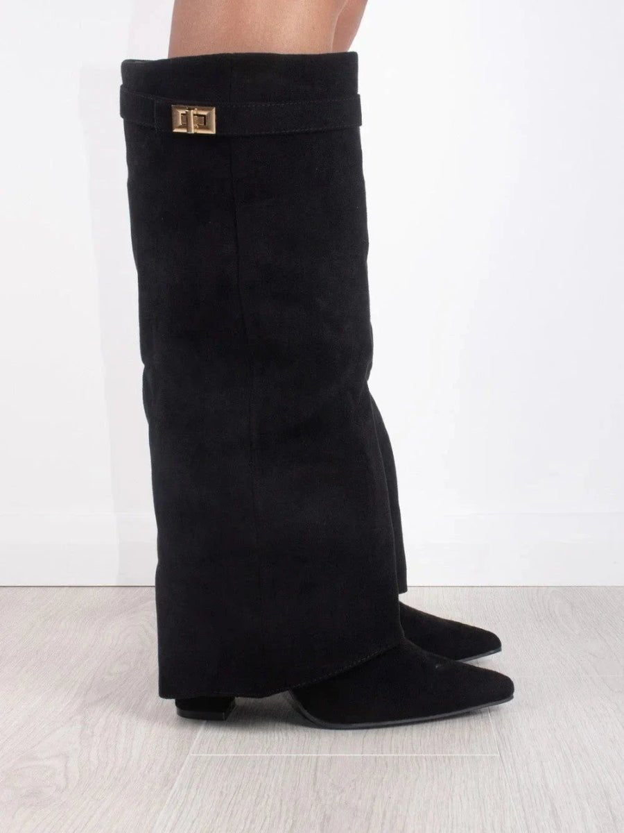 Women's Boots Black Suede Fold-Over Gold Clasp Knee-High - Black
