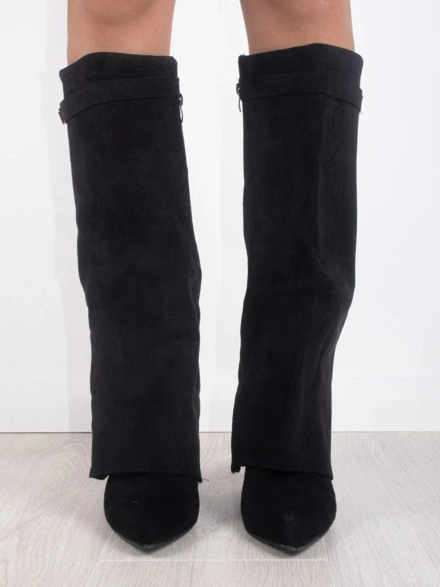 Women's Boots Black Suede Fold-Over Gold Clasp Knee-High