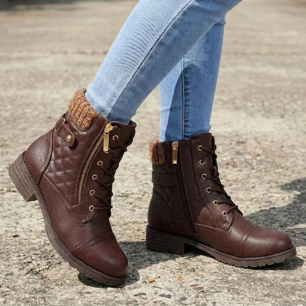 Women's Boots Quilted Faux Leather Lace-Up Side-Zip Ankle Boots