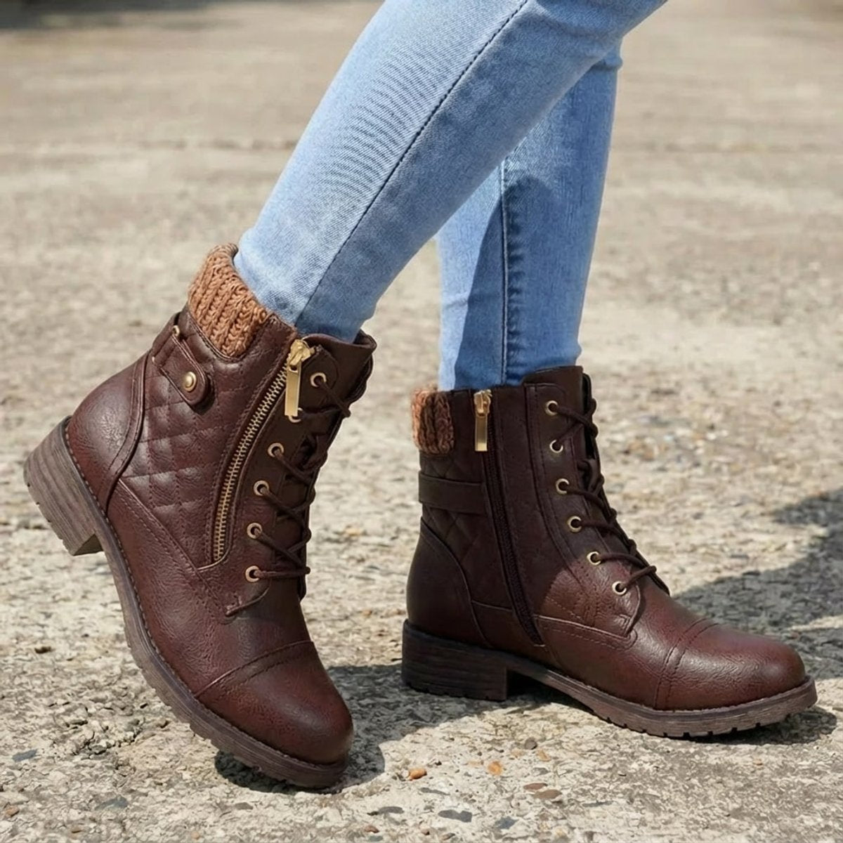 Women's Boots Quilted Faux Leather Lace-Up Side-Zip Ankle Boots