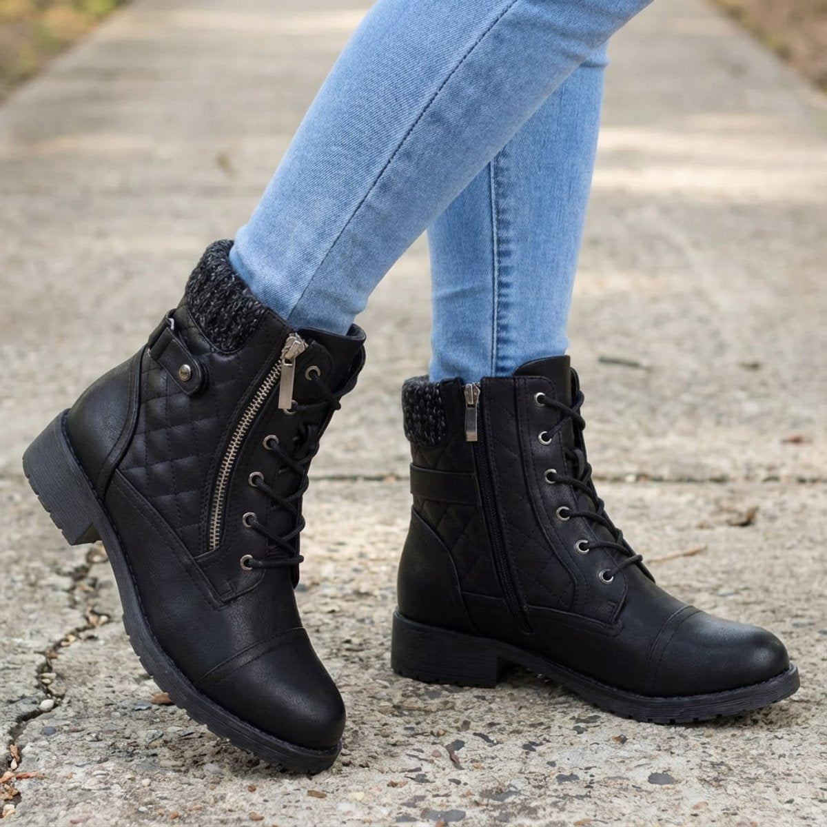 Women's Boots Quilted Faux Leather Lace-Up Side-Zip Ankle Boots - Black