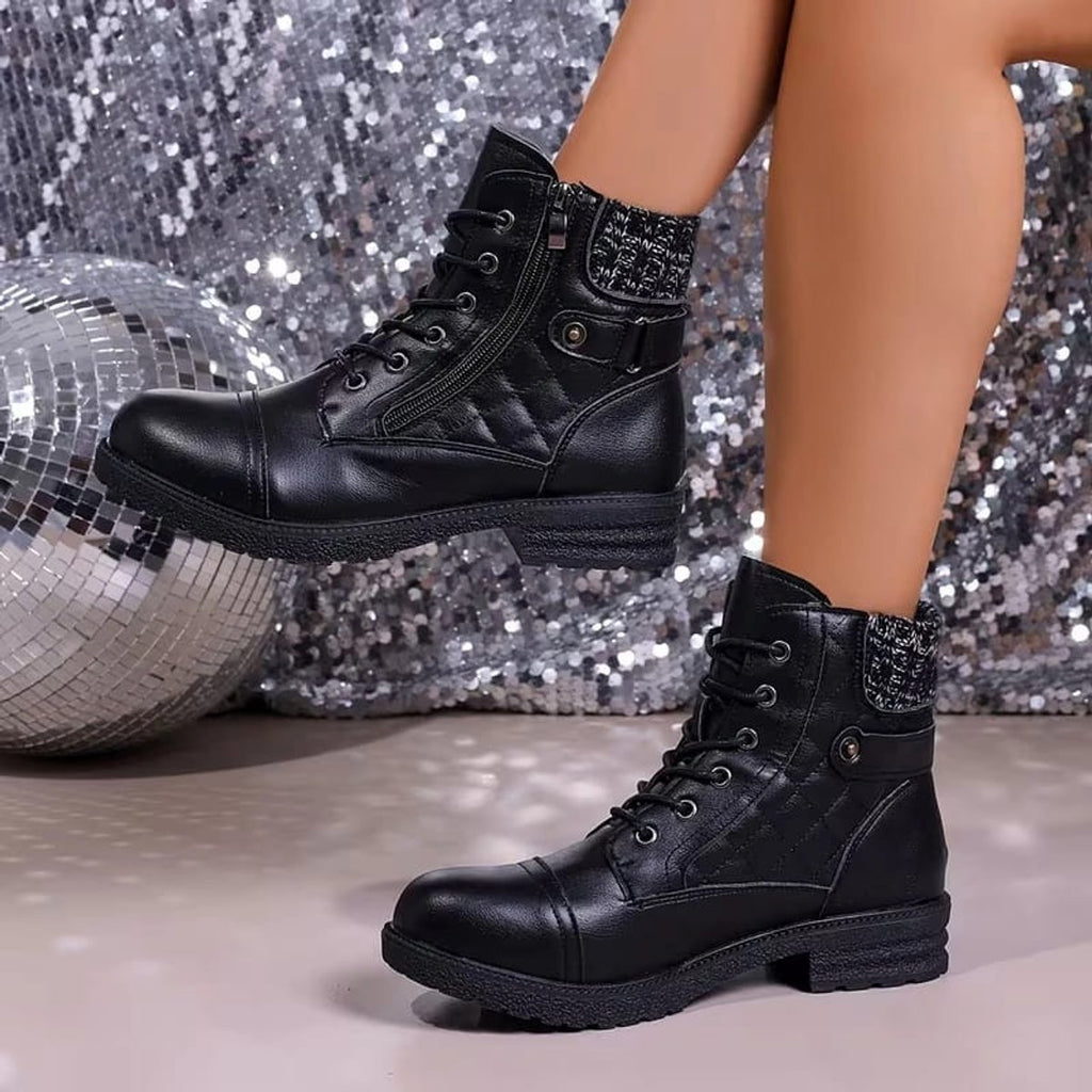 Women's Boots Quilted Faux Leather Lace-Up Side-Zip Ankle Boots
