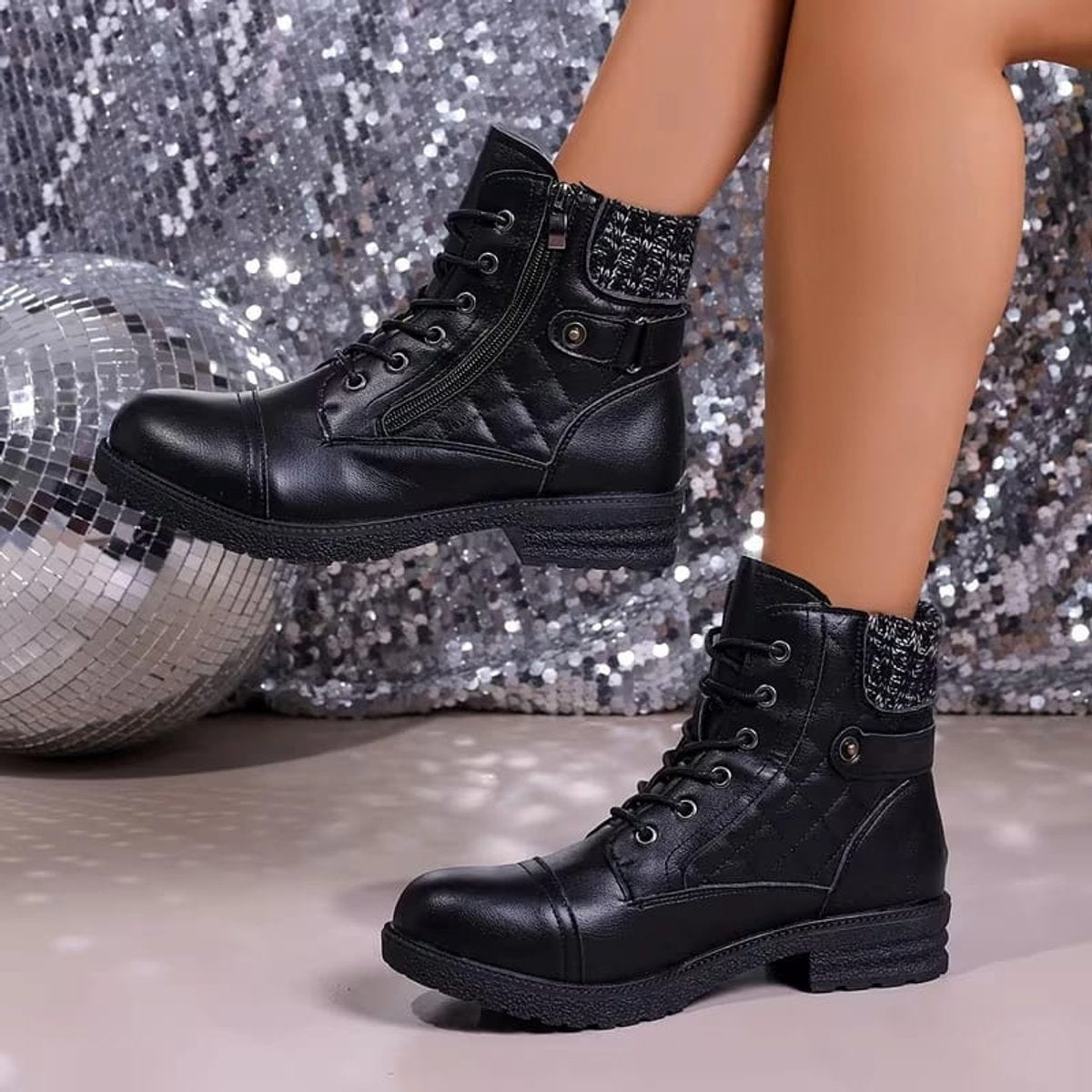 Women's Boots Quilted Faux Leather Lace-Up Side-Zip Ankle Boots