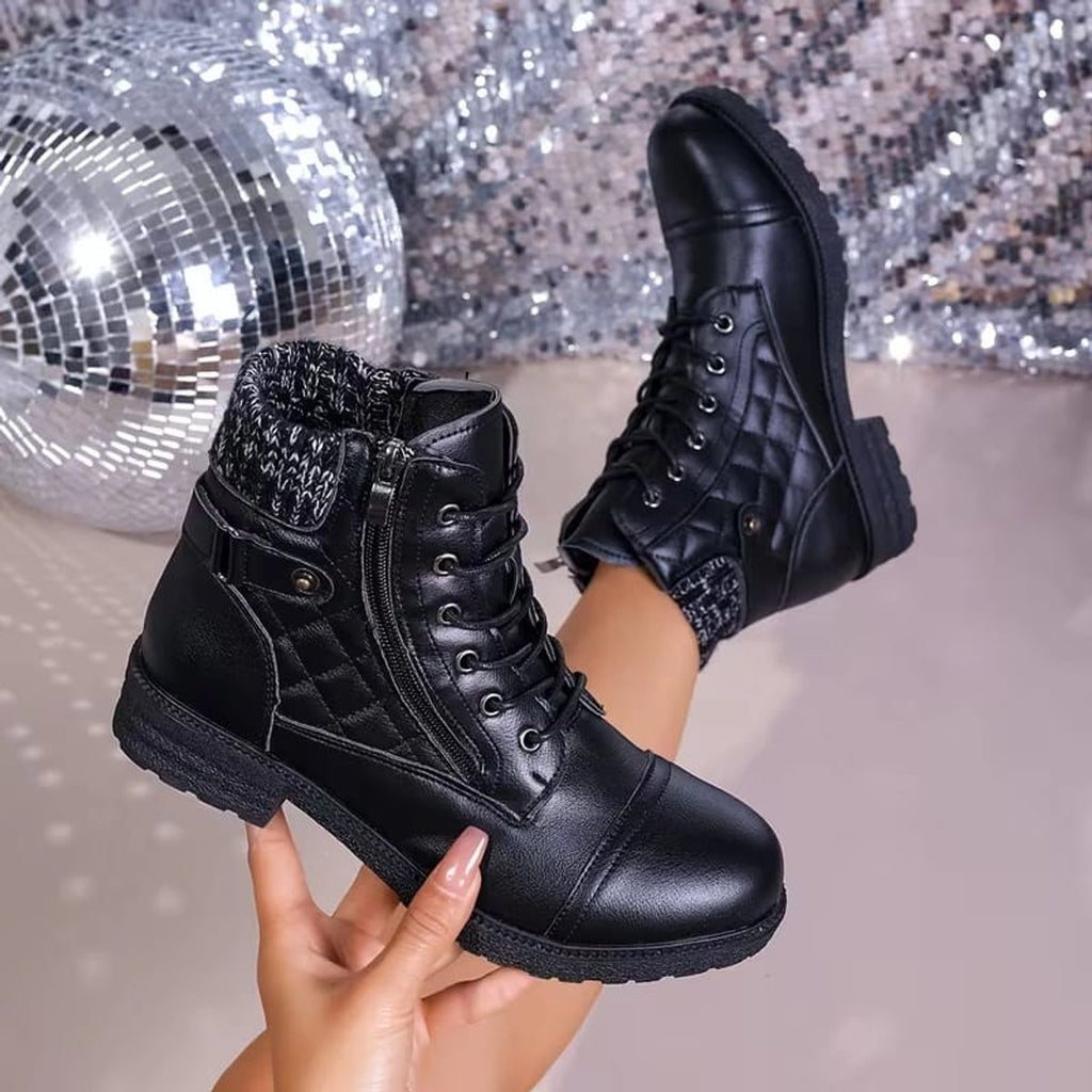 Women's Boots Quilted Faux Leather Lace-Up Side-Zip Ankle Boots