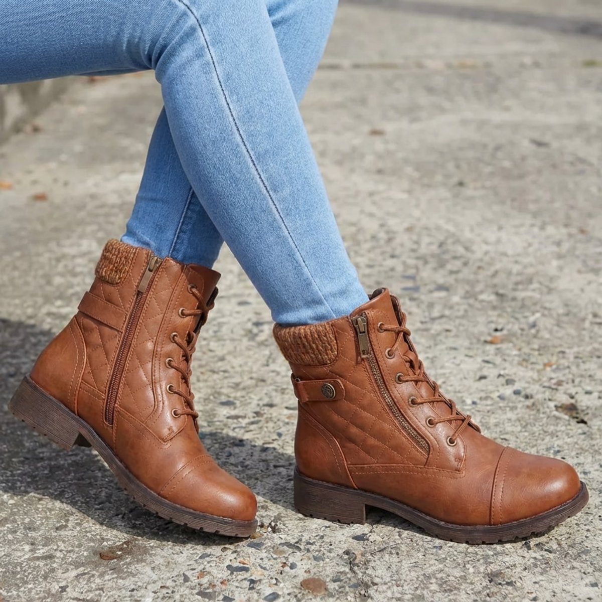 Women's Boots Quilted Faux Leather Lace-Up Side-Zip Ankle Boots