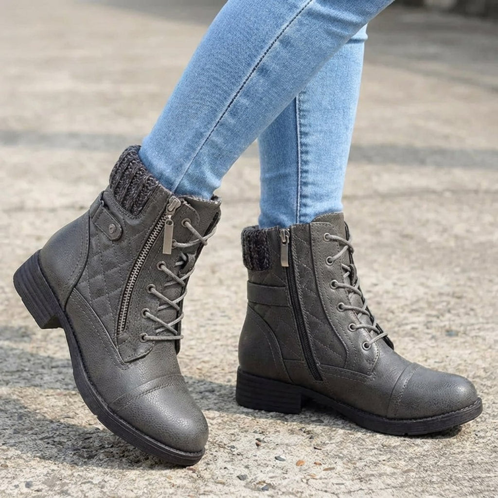 Women's Boots Quilted Faux Leather Lace-Up Side-Zip Ankle Boots - Gray