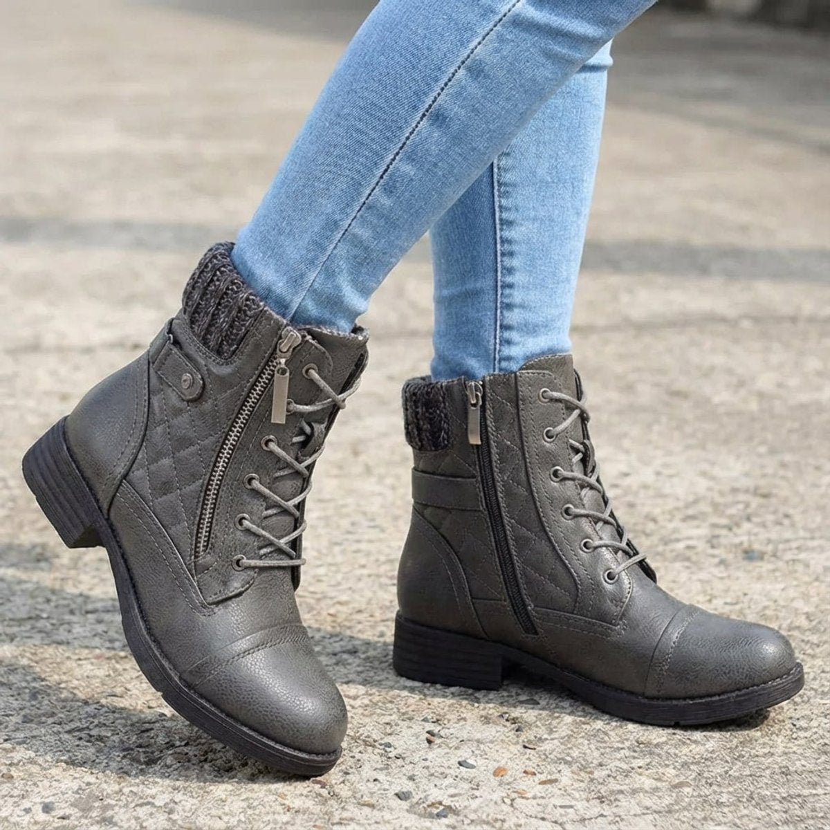 Women's Boots Quilted Faux Leather Lace-Up Side-Zip Ankle Boots - Gray