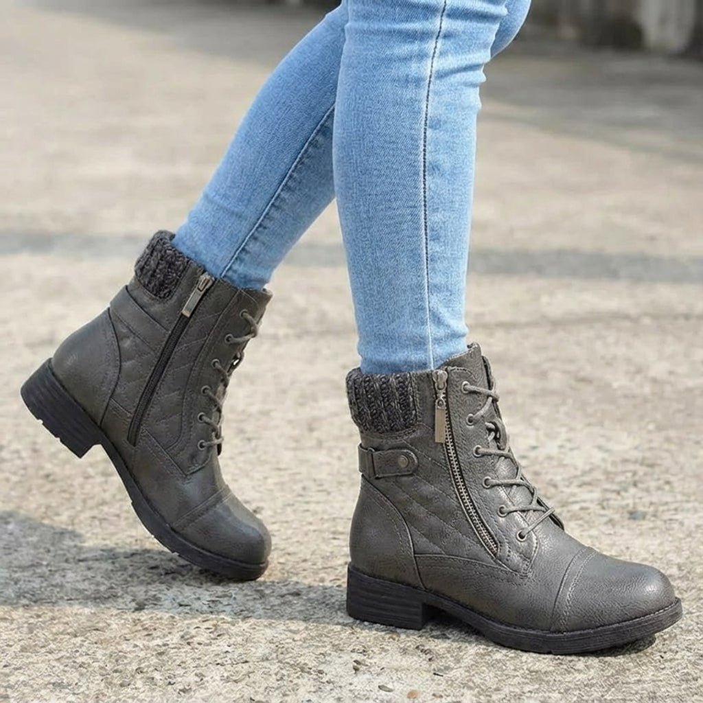 Women's Boots Quilted Faux Leather Lace-Up Side-Zip Ankle Boots